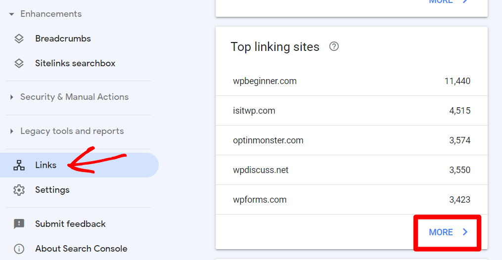 Relatório de sites com links principais no Search Console