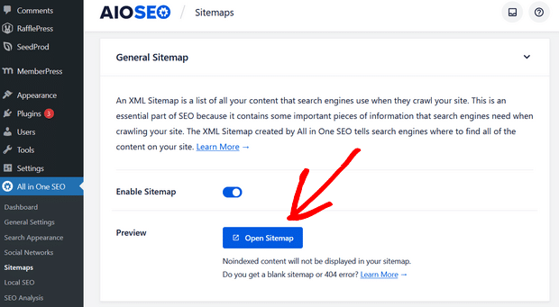 open sitemap in all in one seo