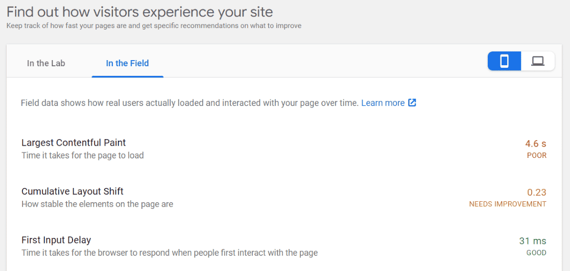 PageSpeed Report in Google Site Kit