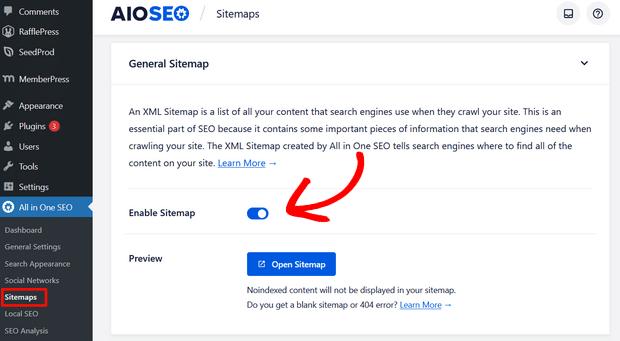 Enable WordPress sitemap in AIOSEO plugin