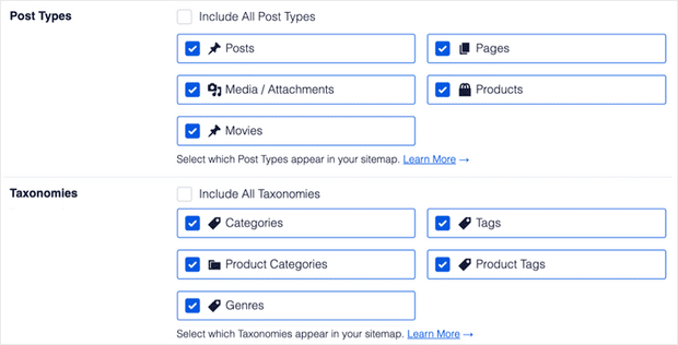 choose post types and taxonomies options