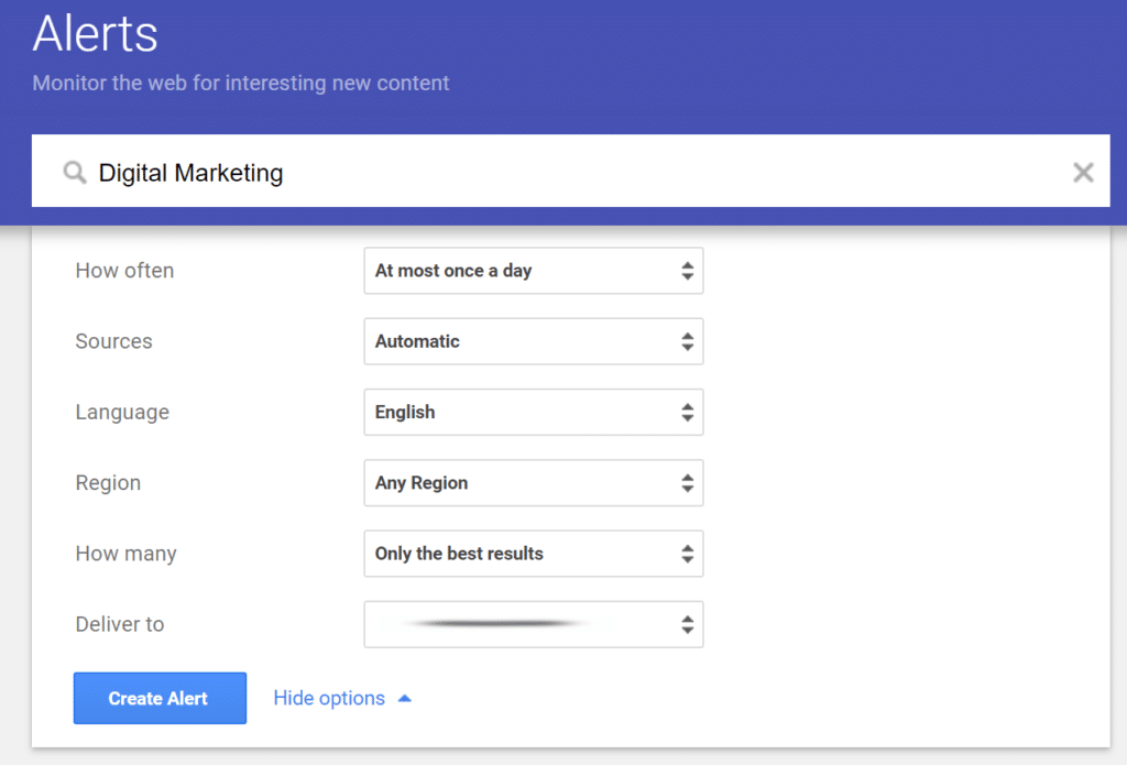 create-google-alert "width =" 620 "height =" 421 "srcset =" https://www.monsterinsights.com/wp-content/uploads/2020/01/create-google-alert-1024x695.png 1024w, https://www.monsterinsights.com/wp-content/uploads/2020/01/create-google-alert-300x204.png 300w, https://www.monsterinsights.com/wp-content/uploads/2020/01 /create-google-alert-768x521.png 768w, https://www.monsterinsights.com/wp-content/uploads/2020/01/create-google-alert.png 1274w "tailles =" (largeur max: 620px ) 100vw, 620px "/></p></noscript></noscript>
<p>Voici un bref aperçu de chacune de ces options:</p>
<ul>
<li><strong>À quelle fréquence</strong>: Vous pouvez sélectionner le moment où vous souhaitez recevoir les alertes, comme une fois par jour, une fois par semaine ou au fur et à mesure.</li>
<li><strong>La source</strong>: Google Alertes vous permet de sélectionner la source de l'alerte et il peut s'agir d'actualités, de blogs, du Web, de vidéos, de livres, de discussions ou de finances. Si vous n'êtes pas sûr de la source, laissez l'option sur Automatique.</li>
<li><strong>Langue</strong>: Choisissez la langue de votre alerte.</li>
<li><strong>Région</strong>: Vous pouvez spécifier l'emplacement de vos alertes ou vous pouvez le définir sur N'importe quelle région où il vous apportera des alertes de partout dans le monde.</li>
<li><strong>Combien: </strong>En utilisant cette option, vous pouvez sélectionner uniquement les meilleurs <a href=