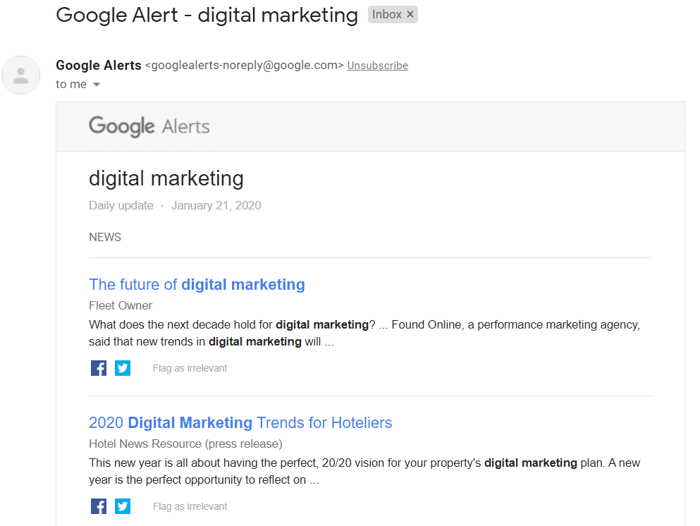 view-google-alerts "width =" 620 "height =" 466 "srcset =" https://www.monsterinsights.com/wp-content/uploads/2020/01/view-google-alerts.png 993w, https: //www.monsterinsights.com/wp-content/uploads/2020/01/view-google-alerts-300x225.png 300w, https://www.monsterinsights.com/wp-content/uploads/2020/01/view -google-alerts-768x577.png 768w "tailles =" (largeur max: 620px) 100vw, 620px "/></p></noscript></noscript>
<p>Avec la configuration des alertes Google, comment pouvez-vous les utiliser pour développer votre entreprise? Découvrons-le…</p>
<h3>Que pouvez-vous faire avec les alertes Google?</h3>
<p>Les alertes Google sont plus qu'un simple outil de suivi. Vous pouvez les utiliser pour obtenir des informations sur votre site Web et vos concurrents. Voici comment:</p>
<h4>1. Surveillez les mentions de votre marque pour les avis négatifs</h4>
<p>Avec Google Alertes, vous pouvez gérer la réputation de votre marque en recevant une notification instantanée chaque fois que quelqu'un mentionne votre site Web ou vos produits.</p>
<p>Il vous aide à voir écouter <a href=