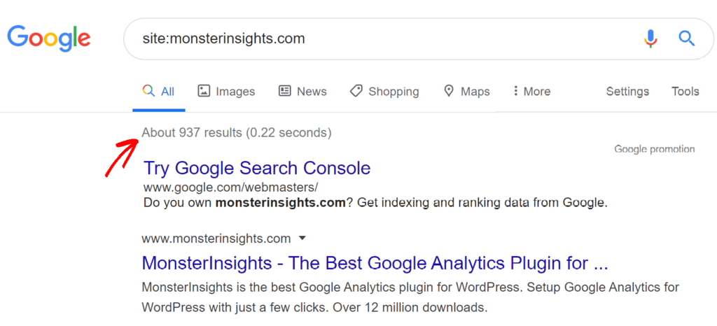 google-search-operators-site-indexing-error "width =" 620 "height =" 282 "srcset =" https://www.monsterinsights.com/wp-content/uploads/2020/02/google-search-operators -site-indexing-error-1024x466.png 1024w, https://www.monsterinsights.com/wp-content/uploads/2020/02/google-search-operators-site-indexing-error-300x136.png 300w, https : //www.monsterinsights.com/wp-content/uploads/2020/02/google-search-operators-site-indexing-error-768x349.png 768w, https://www.monsterinsights.com/wp-content/ uploads / 2020/02 / google-search-operators-site-indexing-error.png 1455w "tailles =" (largeur max: 620px) 100vw, 620px "/></p></noscript></noscript>
<p>Notez que Google vous fournit une estimation si vous utilisez cet opérateur de recherche. Pour une image plus précise des erreurs d'indexation, vous devez utiliser <a href=