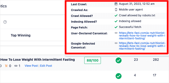 AIOSEO additonal index status information