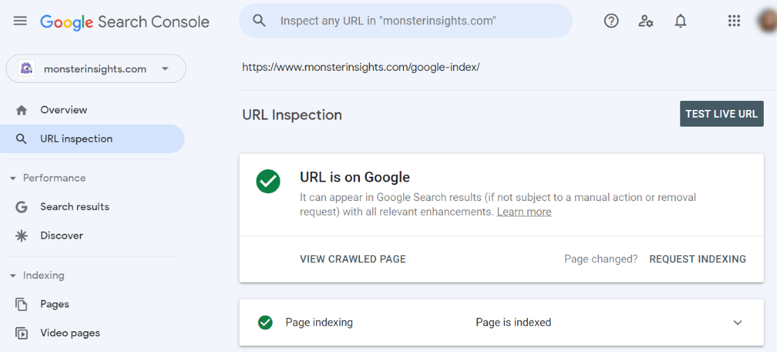 Page is Indexed Message - Search Console Google Index