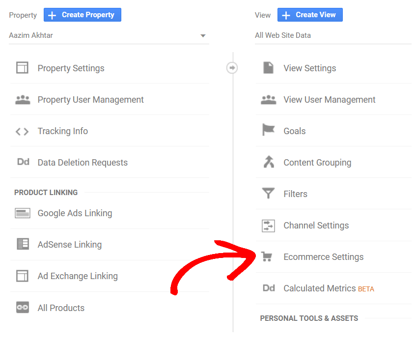 ecommerce settings GA