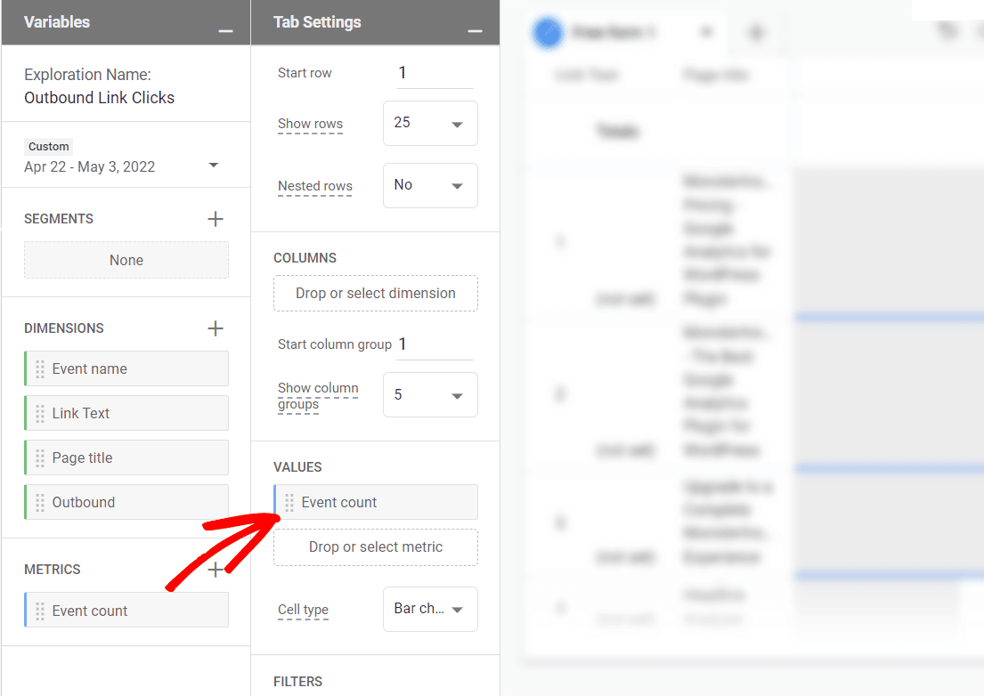 Event count outbound link report