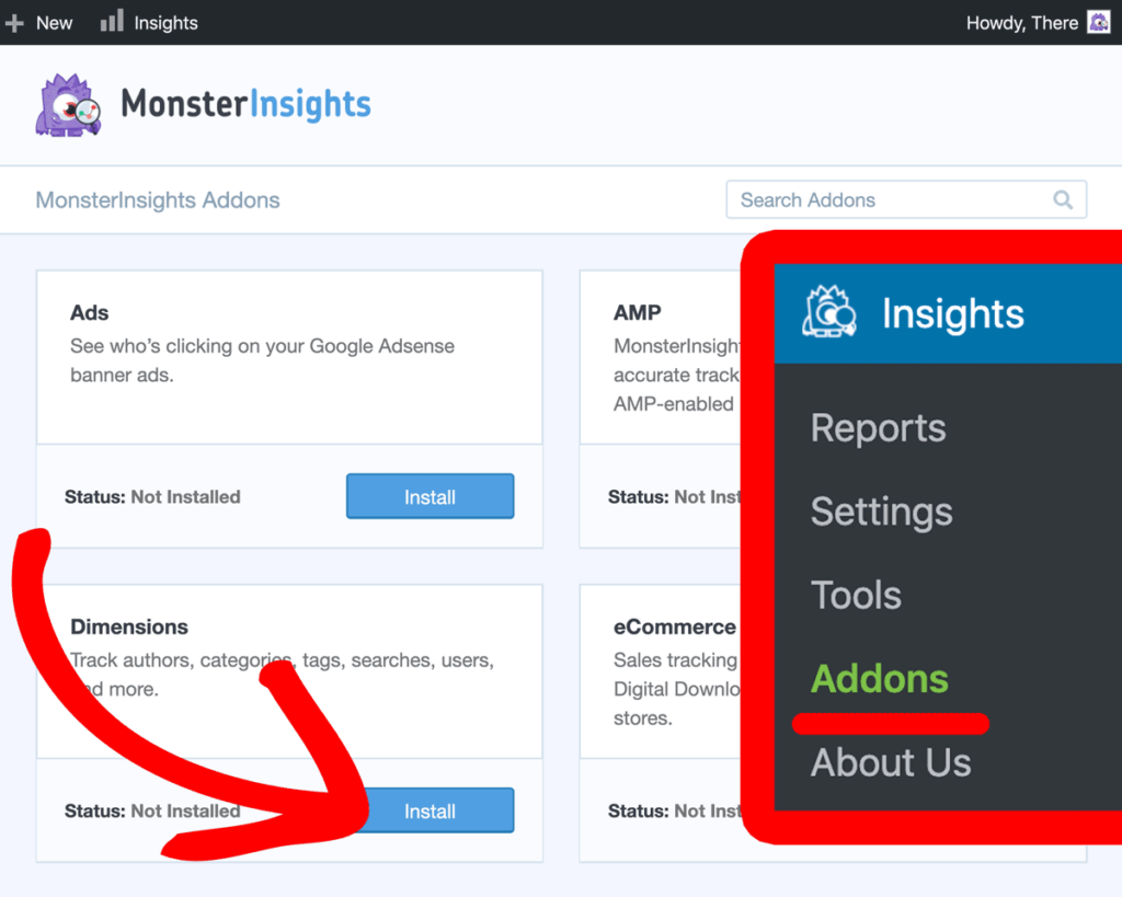 install monsterinsights dimensions addon