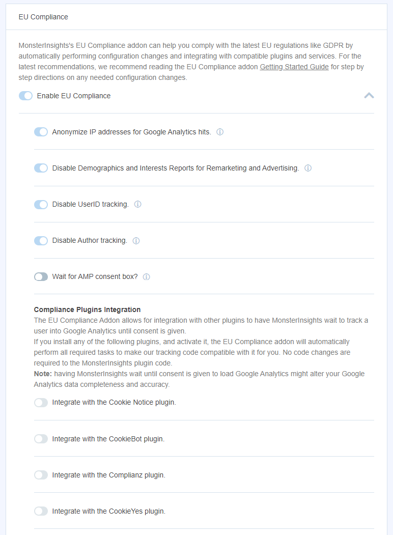 MonsterInsights EU Compliance (GDPR) Settings