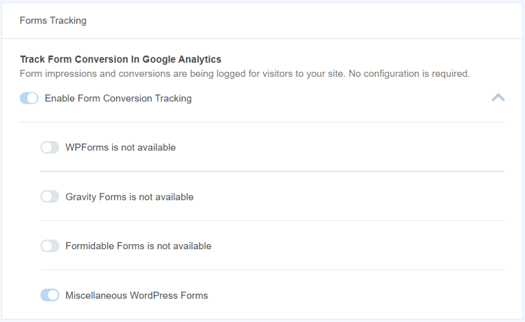 monsterinsights caldera forms tracking settings