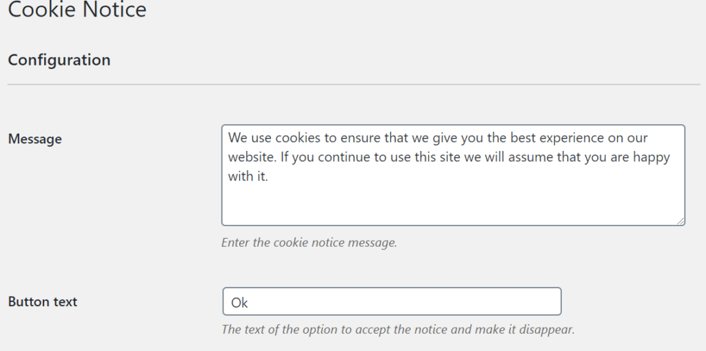 wordpress cookie notice settings