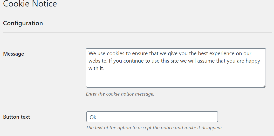 wordpress cookie notice settings