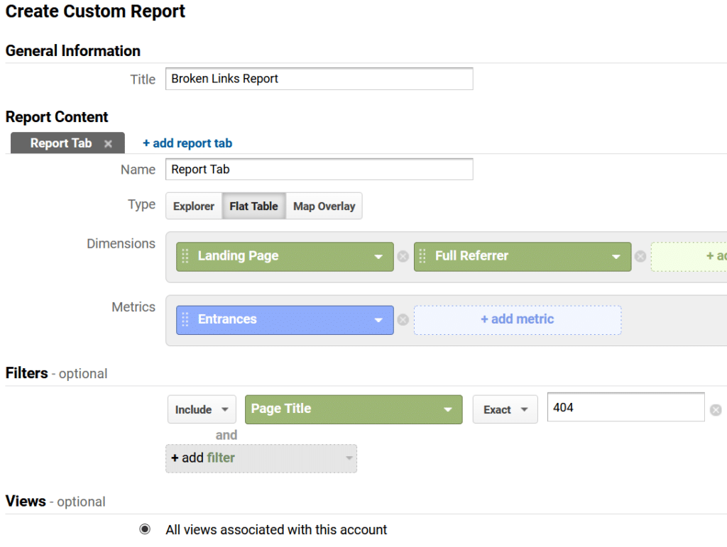 sample Google Analytics 404 report setup