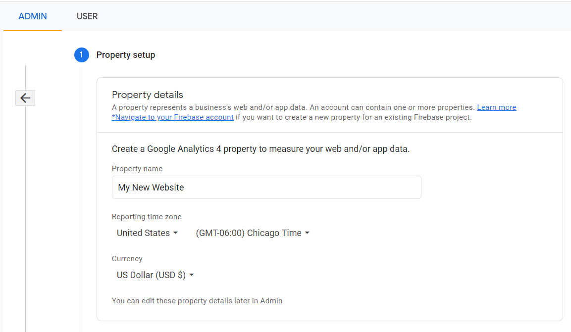 GA new property setup fields