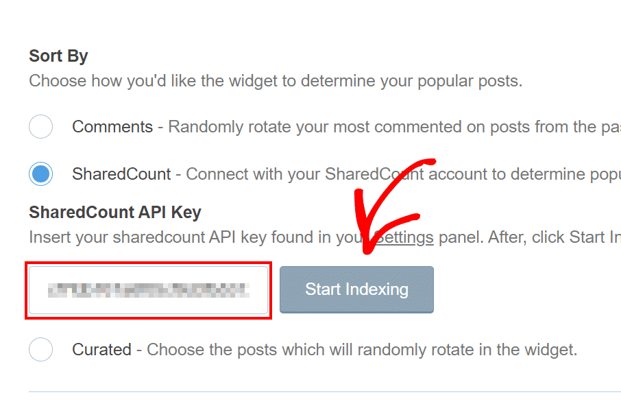 Popular Posts SharedCount API Key, click the Start Indexing button