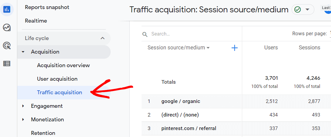 Traffic acquisition report in GA4