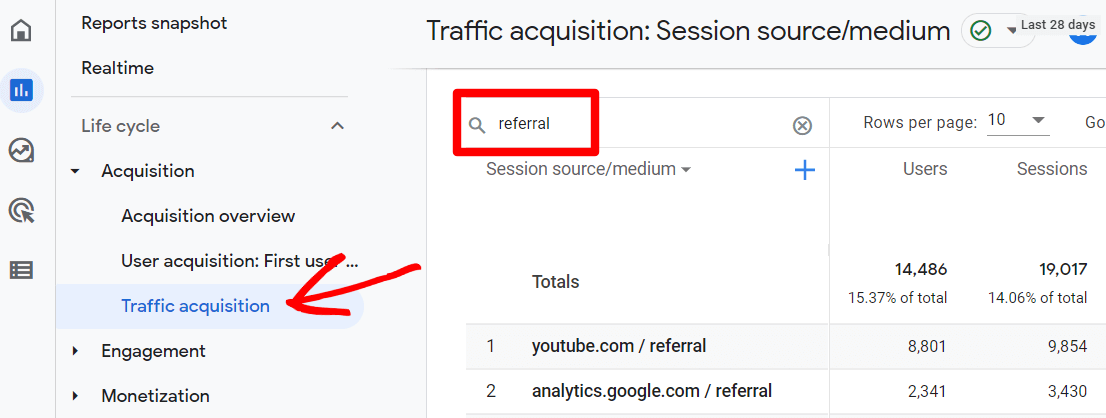 Referral traffic report in GA4