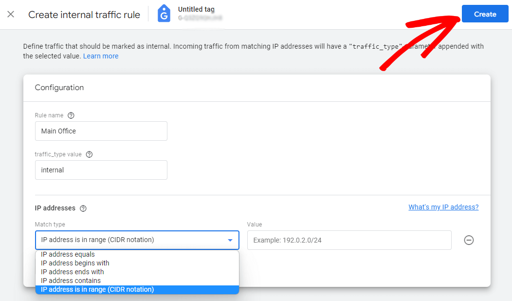 Create internal traffic rule configuration - IP address filter in Google Analytics