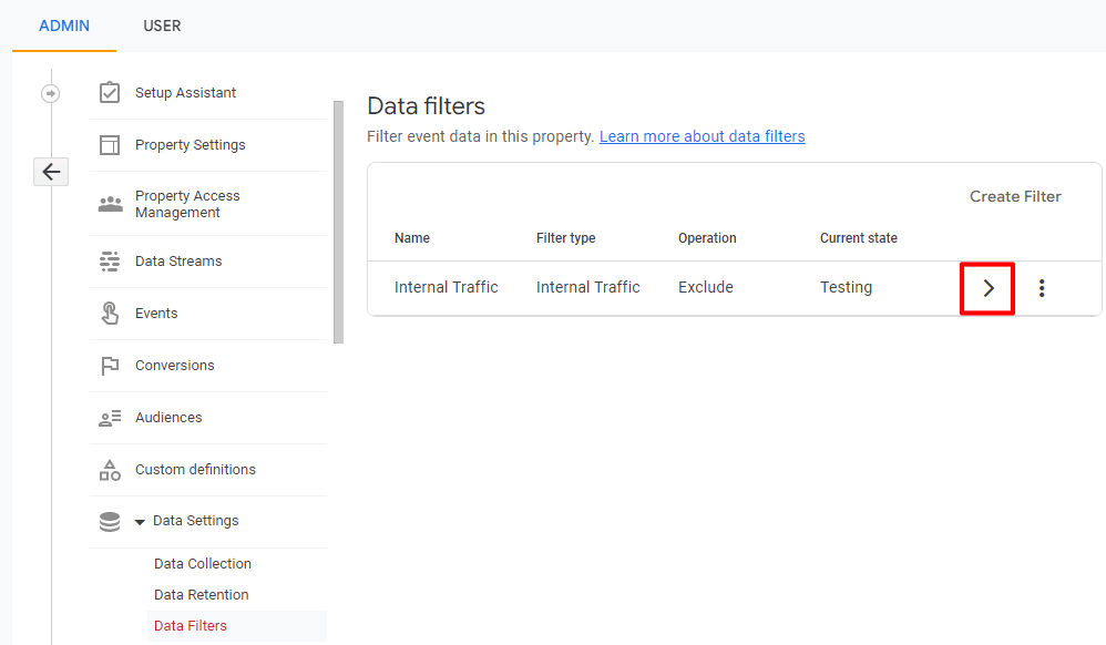 Internal traffic filter in GA4