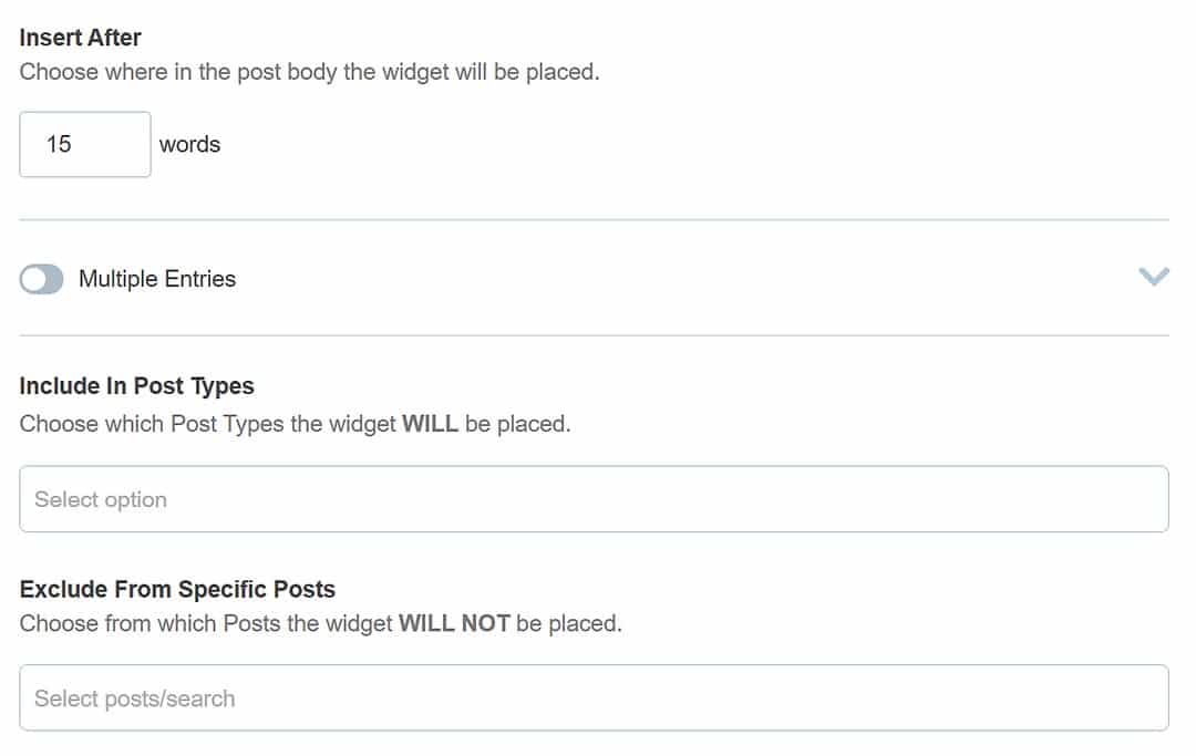 Insert After, Include in Post Types, and Exclude from Specific Posts settings