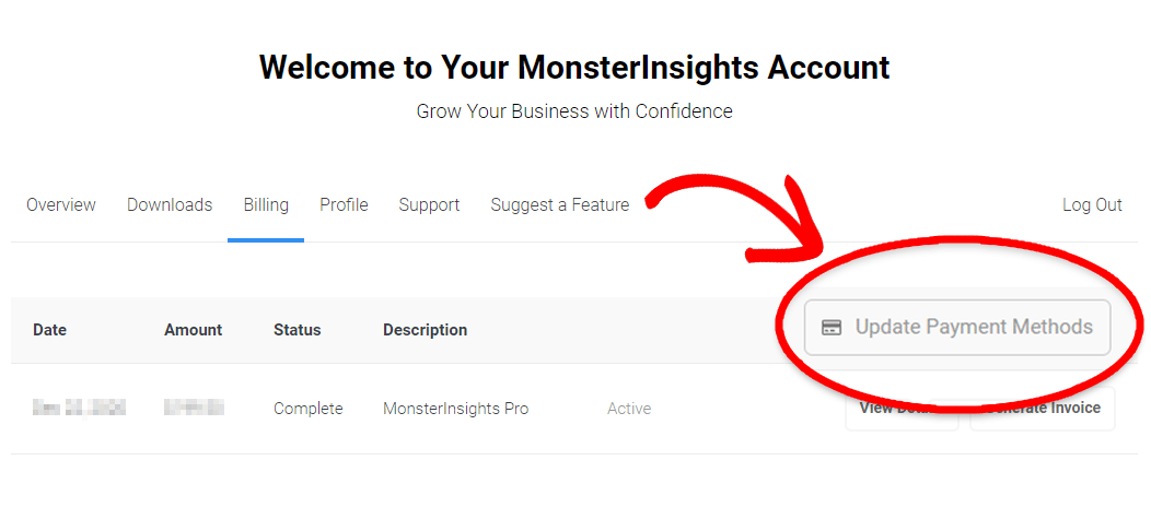 MonsterInsights - My Account - Billing Details view - Update Payment Methods button