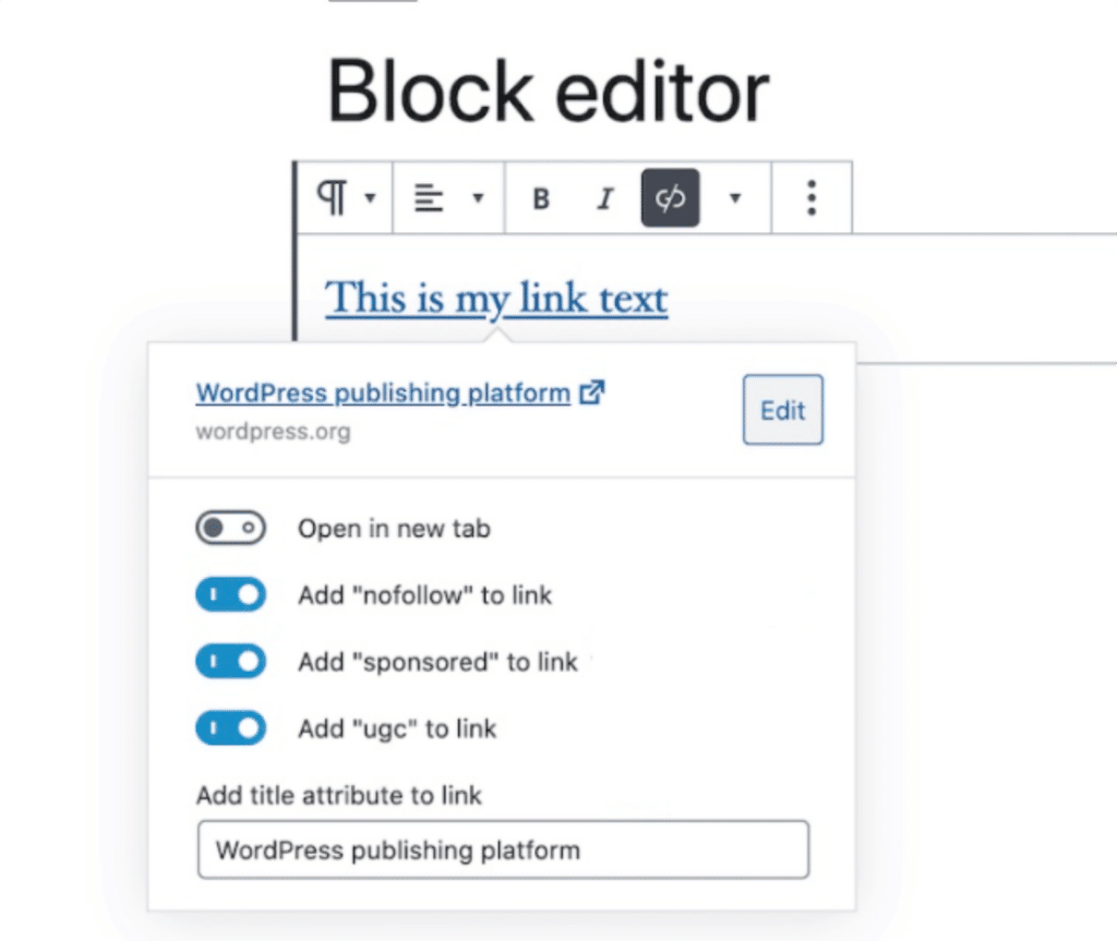 block editor nofollow links