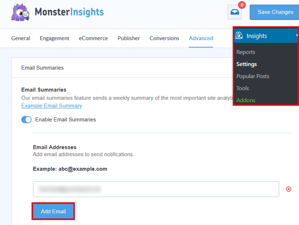 monsterinsights email summaries