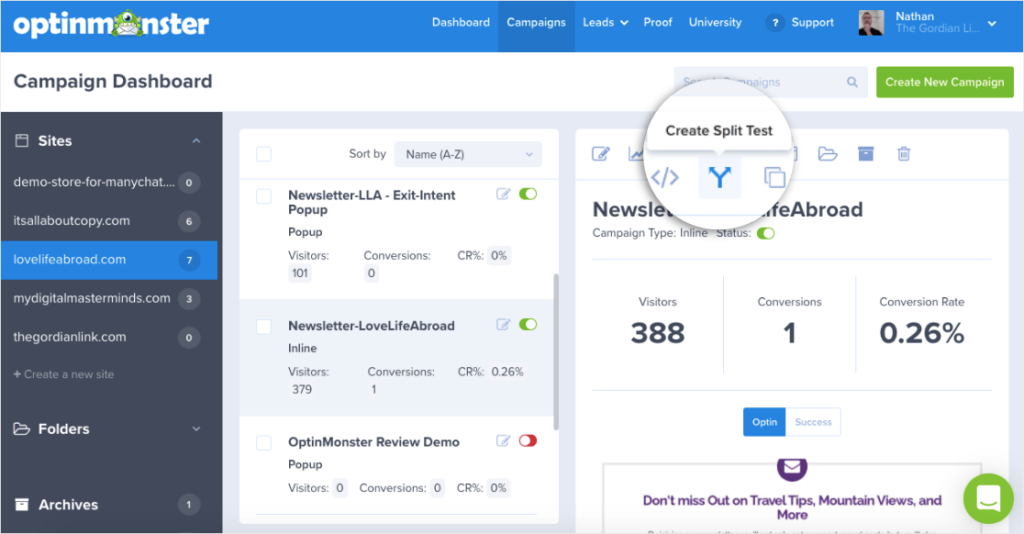 create split test from optinmonster dashboard