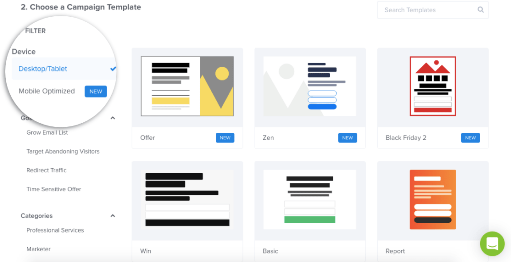 filter optinmonster templates by device