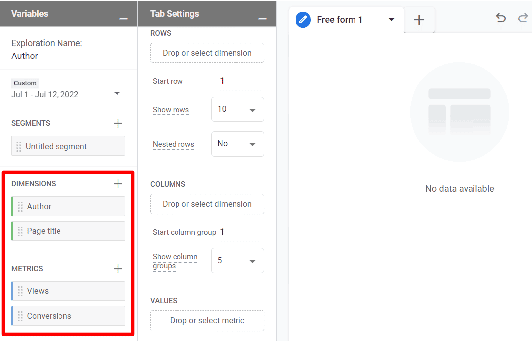 GA4 author report dimensions and metrics