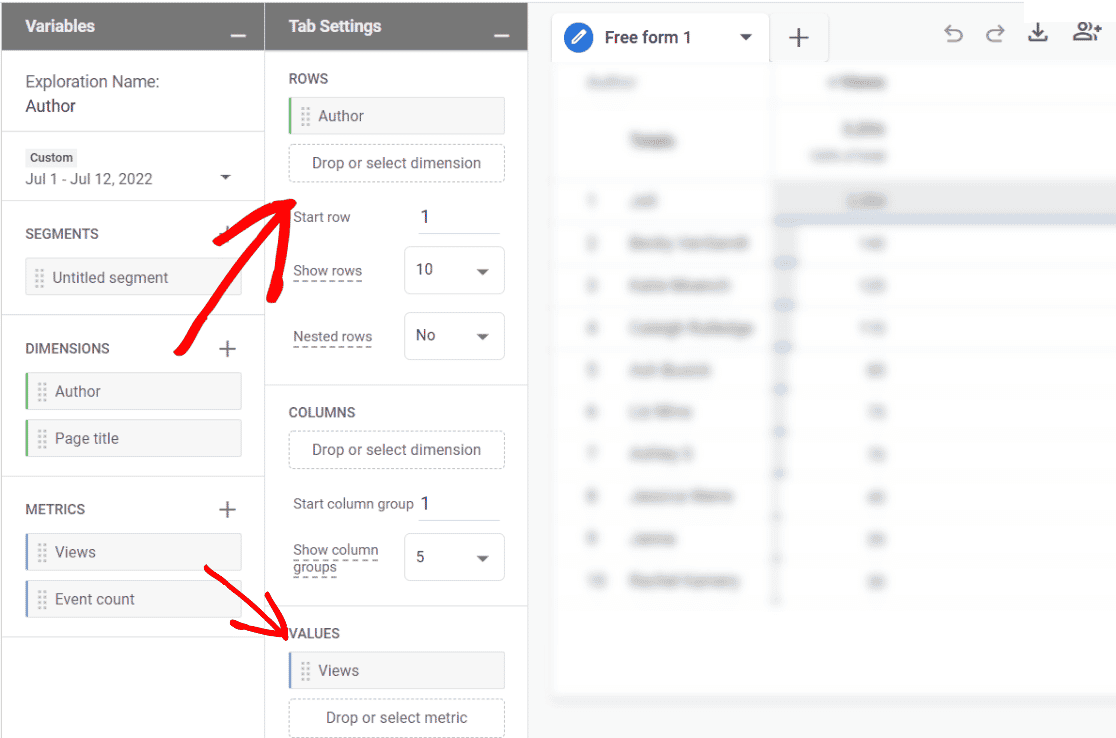 GA4 author report rows and values