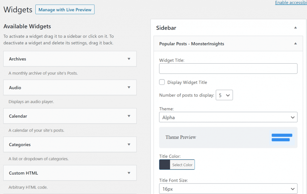 posts - How to use Add link pop up for a WordPress widget