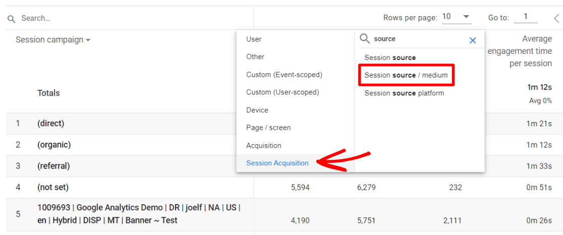 Add session source/medium to report