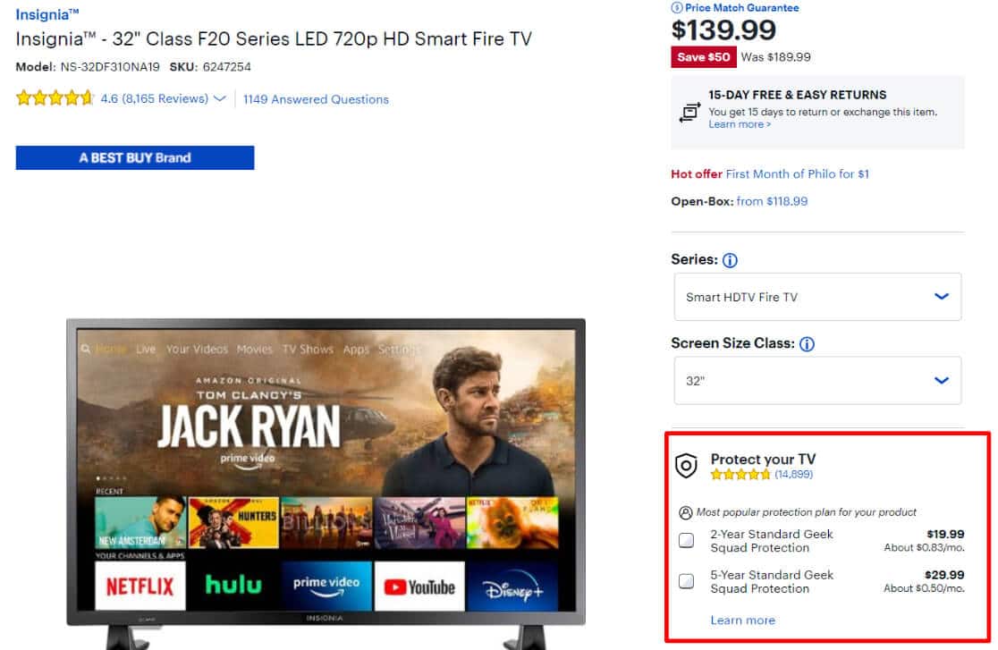 Best Buy add to cart upsell example