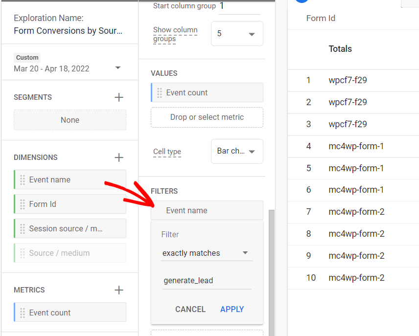 Form conversions by source report GA4 - filter