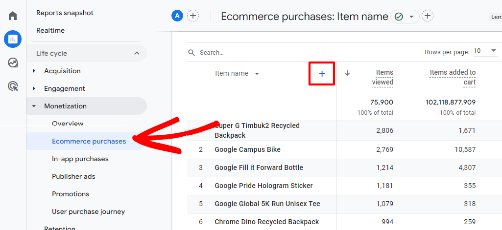 Monetization report - plus sign to add a dimension