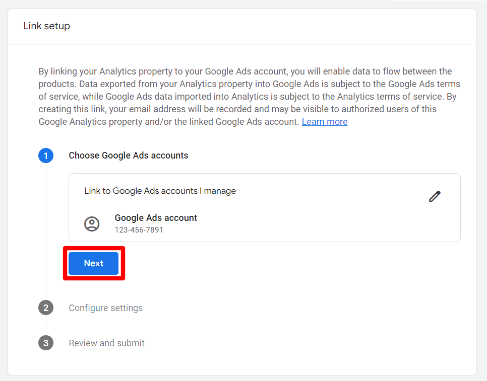 Next button - Google Ads link