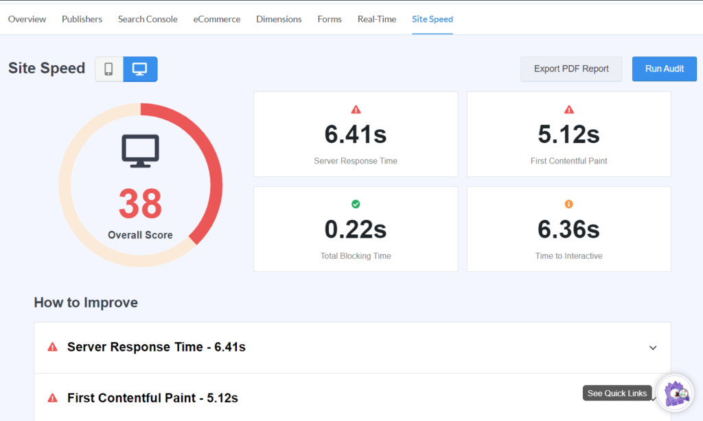 Rapports de vitesse de site Web dans MonsterInsights