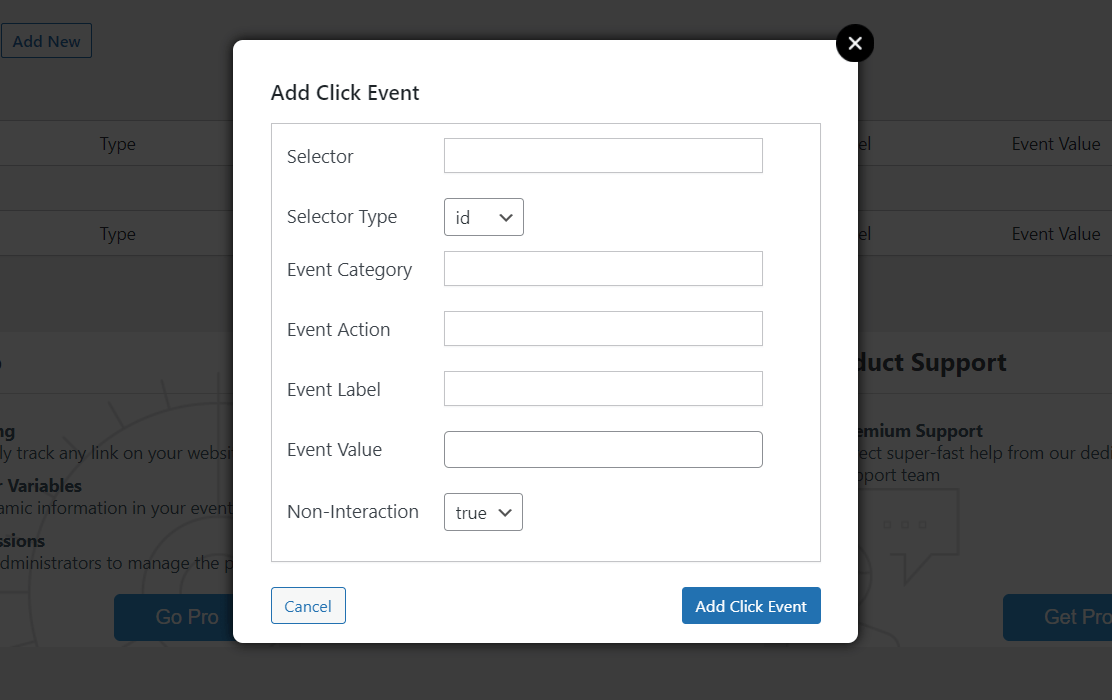 Add a click event in WP Analytics Events