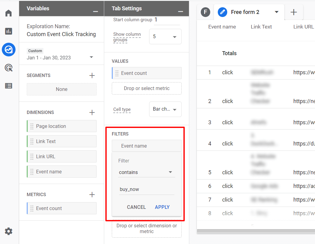 Filtre de suivi des événements personnalisé