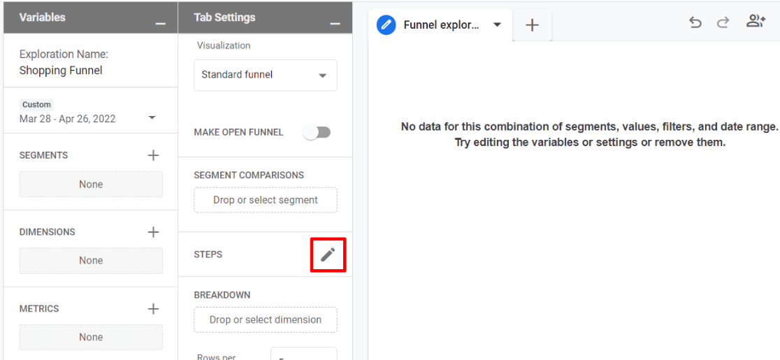 Edit shopping funnel report steps in GA4