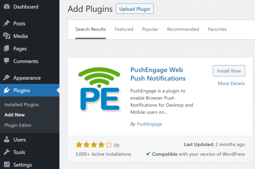 installer le plugin pushengage wordpress