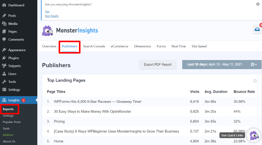 Publishers Report Navigation