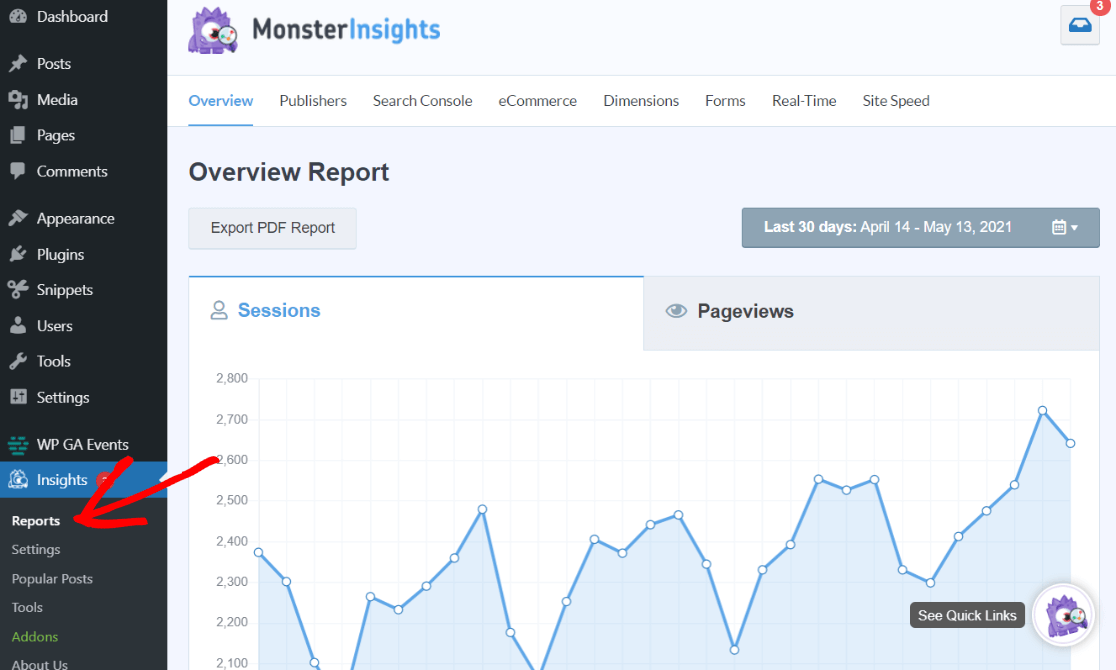 Tableau de bord des rapports MonsterInsights