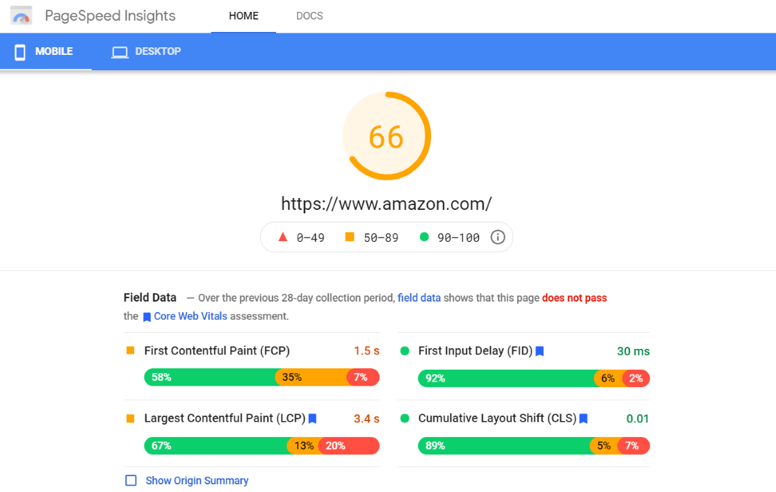 PageSpeed Insights Tool Results