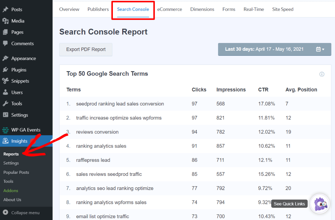 Rapport sur les termes de recherche de la Search Console