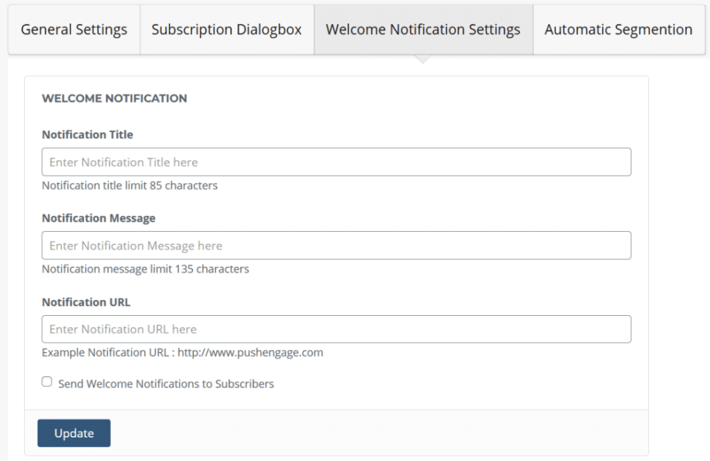 welcome notification settings