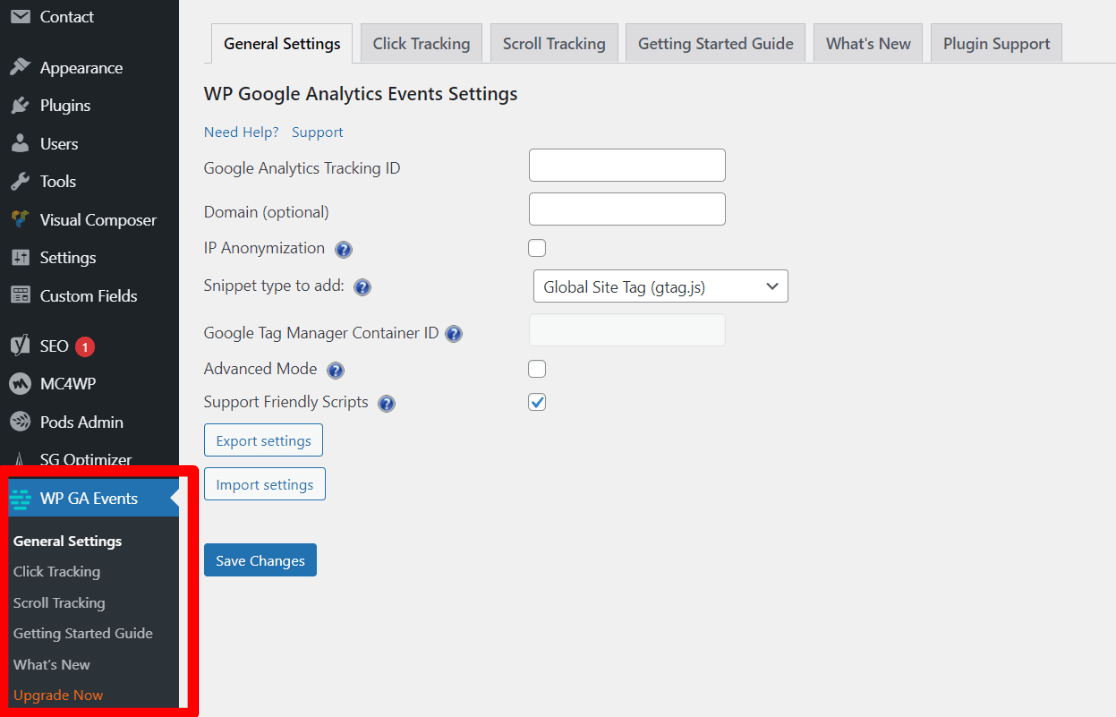 WP GA Events Interface in WordPress Dashboard