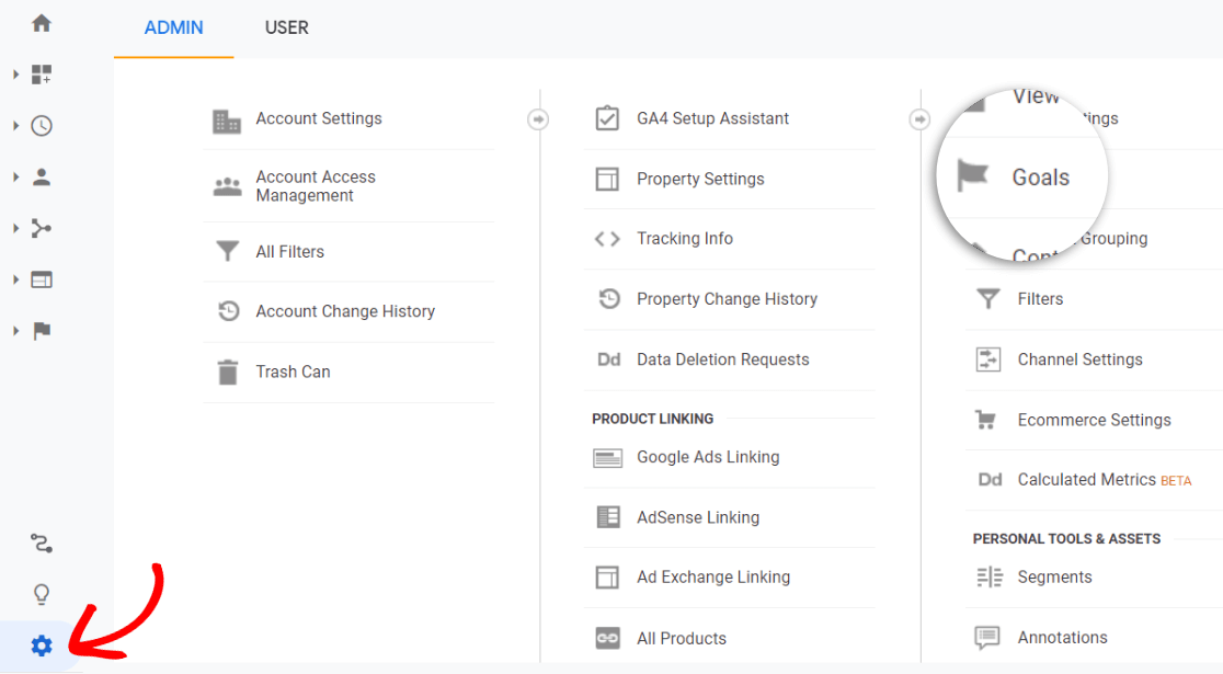 Objectifs dans le panneau d'administration de Google Analytics